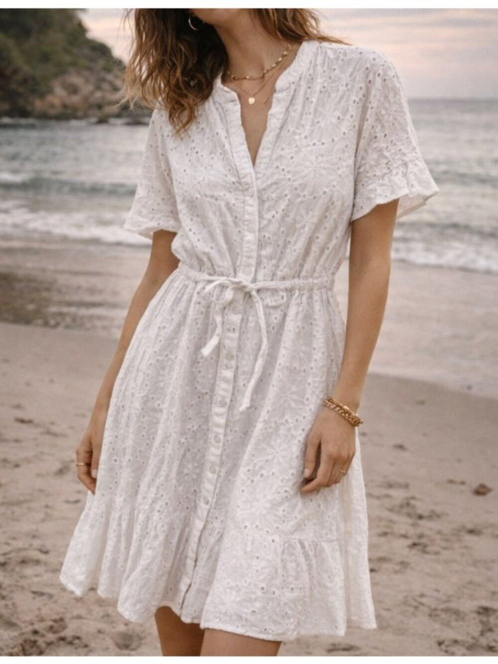 Dress Nado White Eyelet Tie Waist Midi Dress Size M Short Sleeve